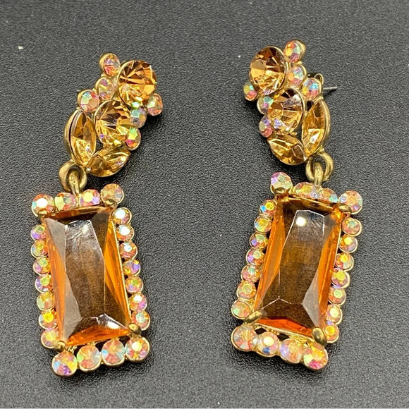 Glamorous Topaz and Aurora Borealis Glass and Rhinestone Drop Earrings Pierced - Picture 9 of 13